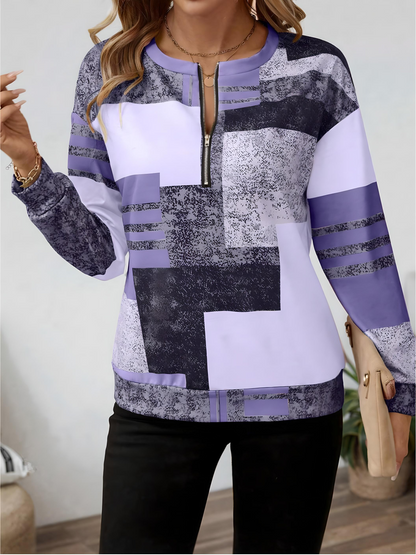 Dames trui met modieuze patchworkprint en halve rits – comfortabel sweatshirt in trendy casual stijl voor werk, vrije tijd en onderweg