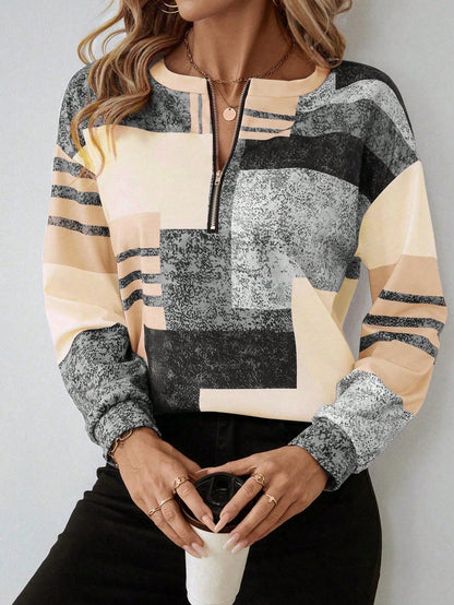 Dames trui met modieuze patchworkprint en halve rits – comfortabel sweatshirt in trendy casual stijl voor werk, vrije tijd en onderweg