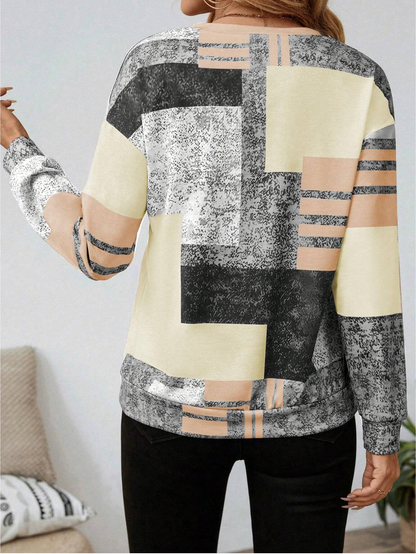 Dames trui met modieuze patchworkprint en halve rits – comfortabel sweatshirt in trendy casual stijl voor werk, vrije tijd en onderweg