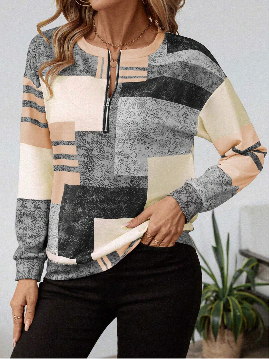 Dames trui met modieuze patchworkprint en halve rits – comfortabel sweatshirt in trendy casual stijl voor werk, vrije tijd en onderweg