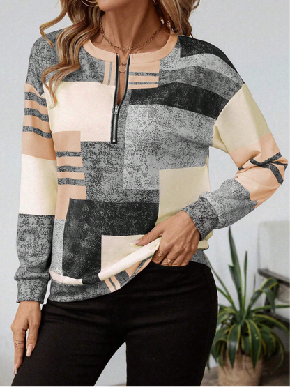 Dames trui met modieuze patchworkprint en halve rits – comfortabel sweatshirt in trendy casual stijl voor werk, vrije tijd en onderweg