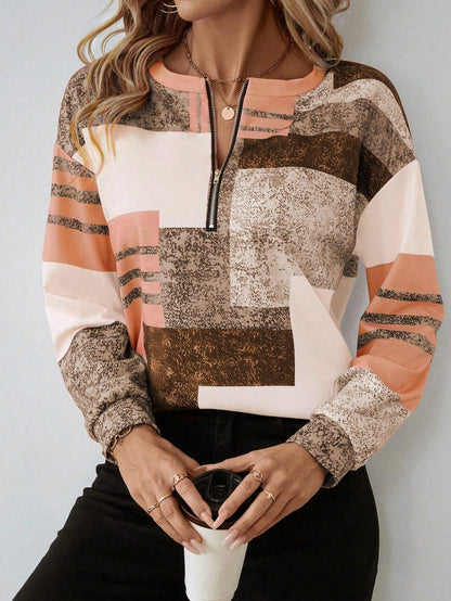 Dames trui met modieuze patchworkprint en halve rits – comfortabel sweatshirt in trendy casual stijl voor werk, vrije tijd en onderweg