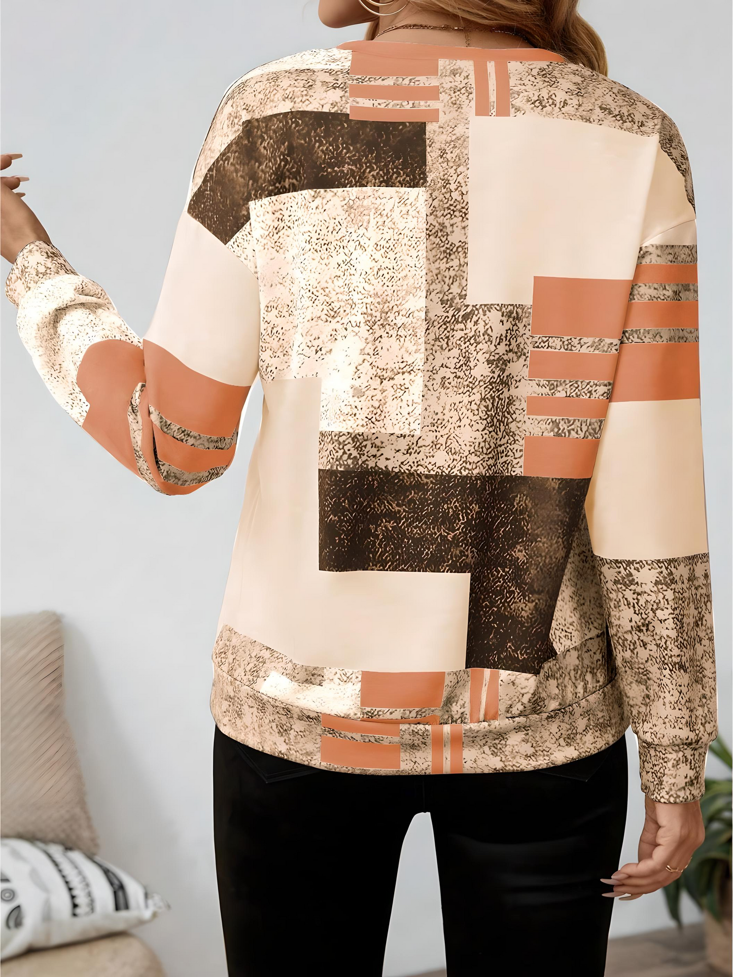 Dames trui met modieuze patchworkprint en halve rits – comfortabel sweatshirt in trendy casual stijl voor werk, vrije tijd en onderweg