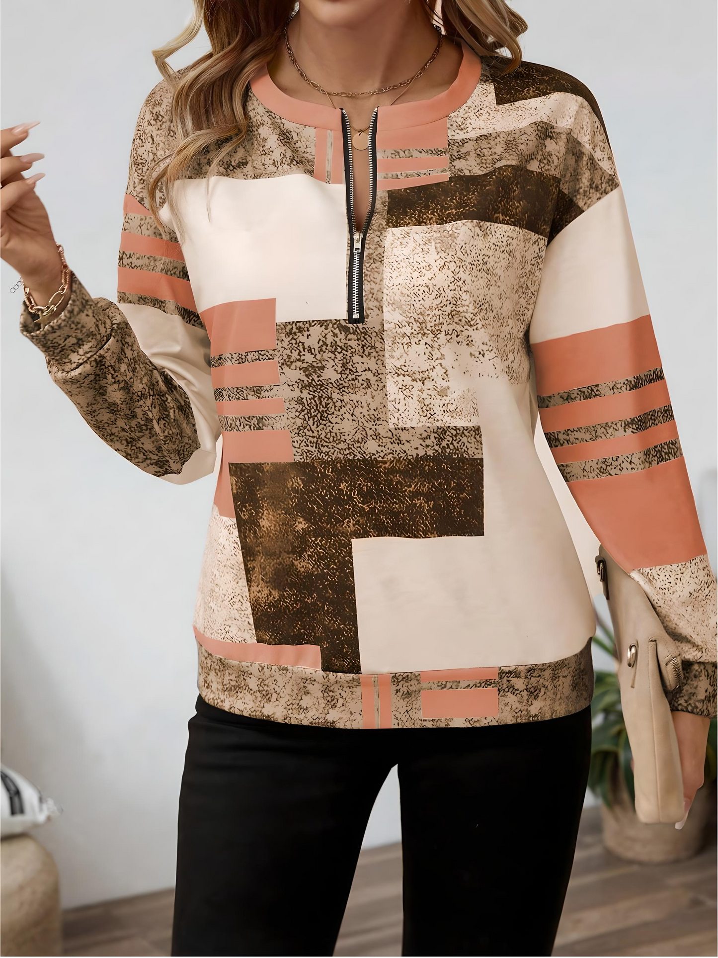 Dames trui met modieuze patchworkprint en halve rits – comfortabel sweatshirt in trendy casual stijl voor werk, vrije tijd en onderweg