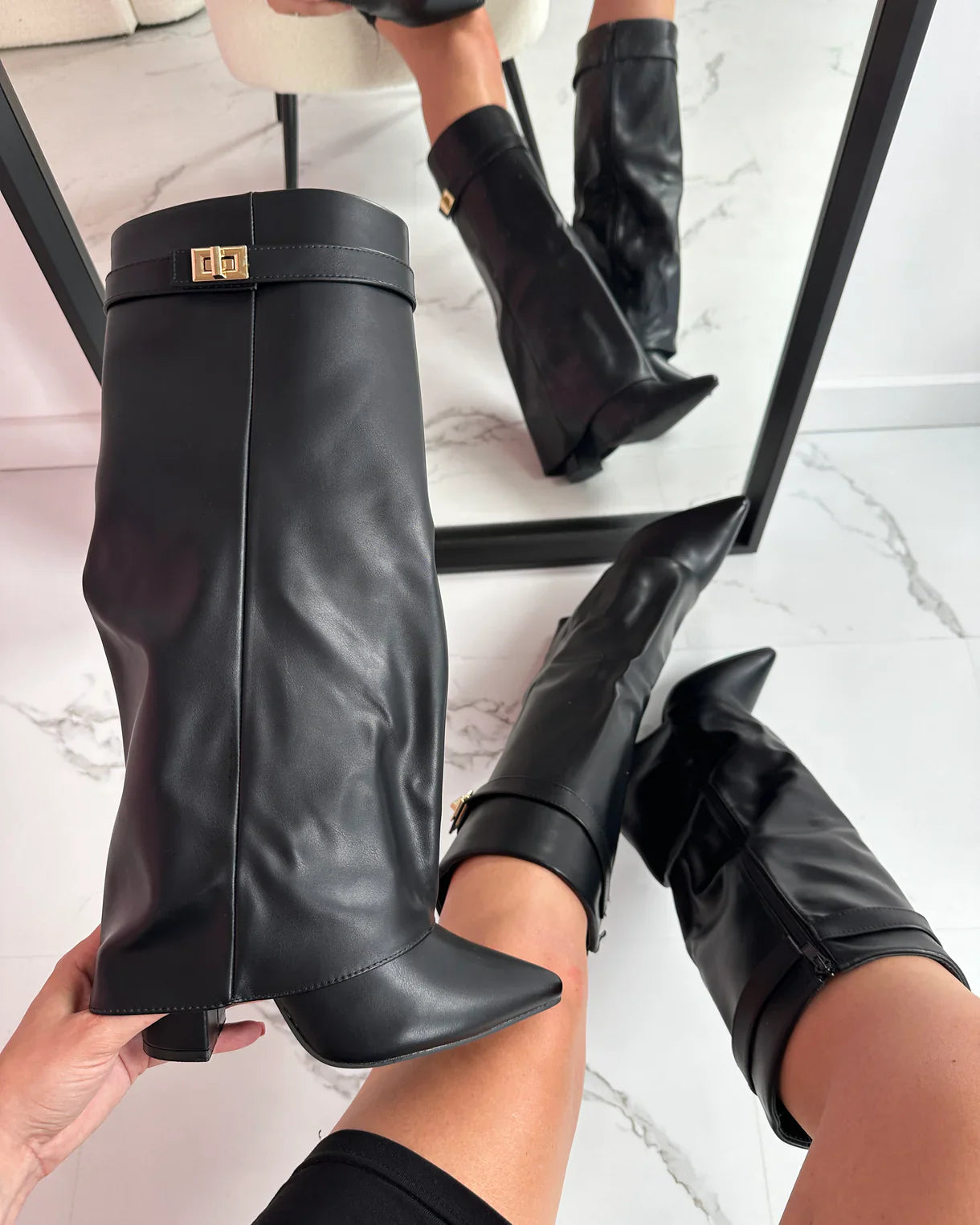 Dames hoge laarzen met elegante blokhak en puntige neus – stijlvolle suède look voor elke gelegenheid