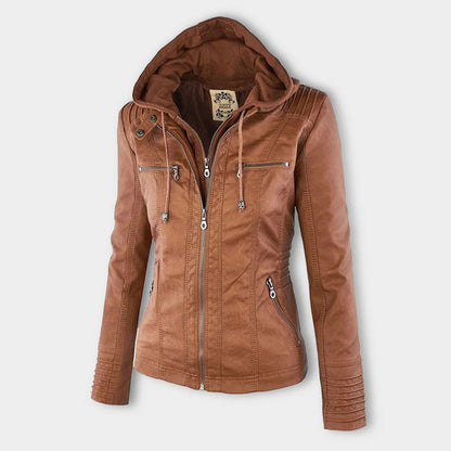 Dames leren jas met capuchon en ritssluiting in diverse kleuren – stijlvolle getailleerde bikerlook voor herfst en winter