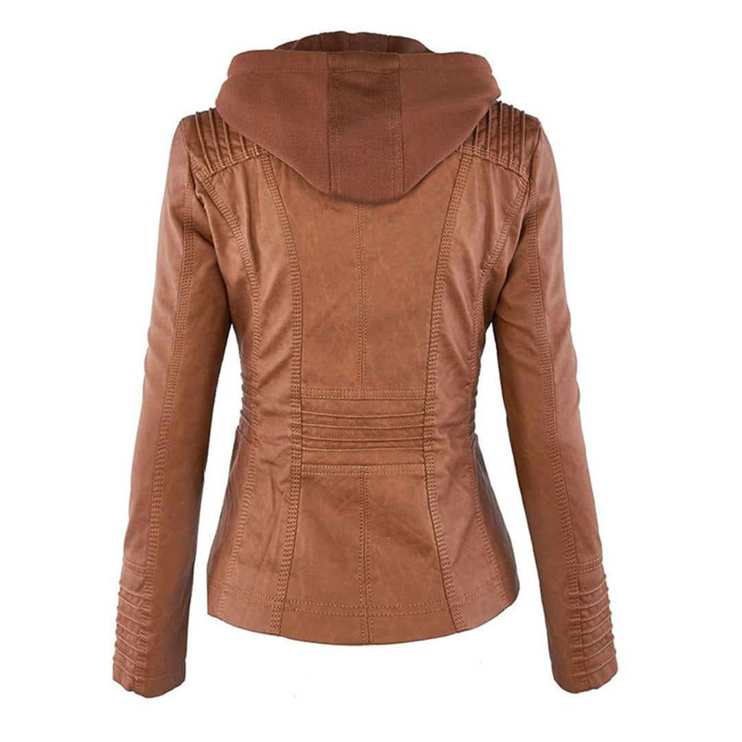 Dames leren jas met capuchon en ritssluiting in diverse kleuren – stijlvolle getailleerde bikerlook voor herfst en winter
