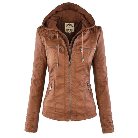Dames leren jas met capuchon en ritssluiting in diverse kleuren – stijlvolle getailleerde bikerlook voor herfst en winter