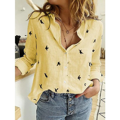 Dames Blouse van Linnenmix – Knoopsluiting & 3/4 Mouwen met Strikdetail