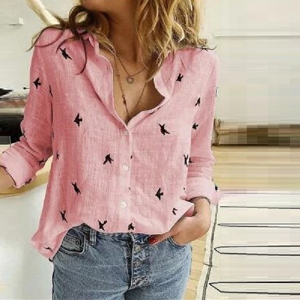 Dames Blouse van Linnenmix – Knoopsluiting & 3/4 Mouwen met Strikdetail