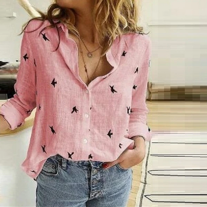 Dames Blouse van Linnenmix – Knoopsluiting & 3/4 Mouwen met Strikdetail