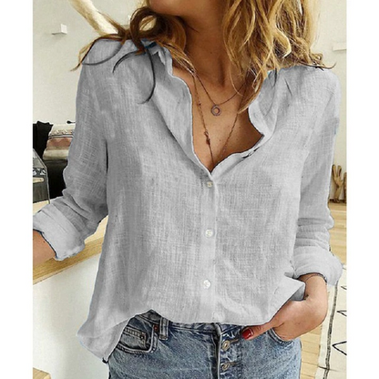 Dames Blouse van Linnenmix – Knoopsluiting & 3/4 Mouwen met Strikdetail