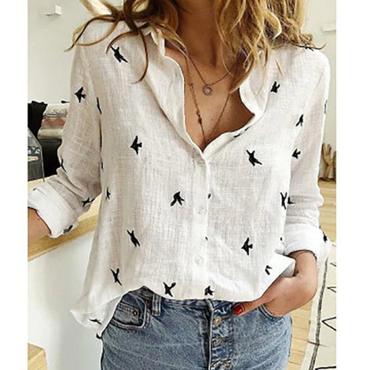 Dames Blouse van Linnenmix – Knoopsluiting & 3/4 Mouwen met Strikdetail