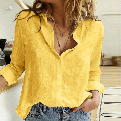 Dames Blouse van Linnenmix – Knoopsluiting & 3/4 Mouwen met Strikdetail