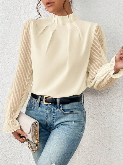 Dames Blouse met Opstaande Hals – Transparante Mouwen & Kantdetail