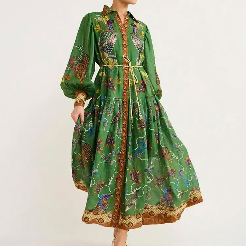 Dames Maxi Jurk met Print in diverse kleuren – Elegante Lange Jurk met Taillekoord en Lange Mouwen