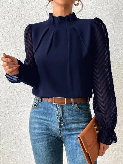 Dames Blouse met Opstaande Hals – Transparante Mouwen & Kantdetail