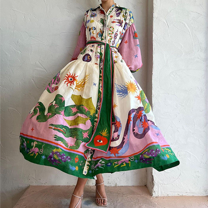 Dames Maxi Jurk met Print in diverse kleuren – Elegante Lange Jurk met Taillekoord en Lange Mouwen