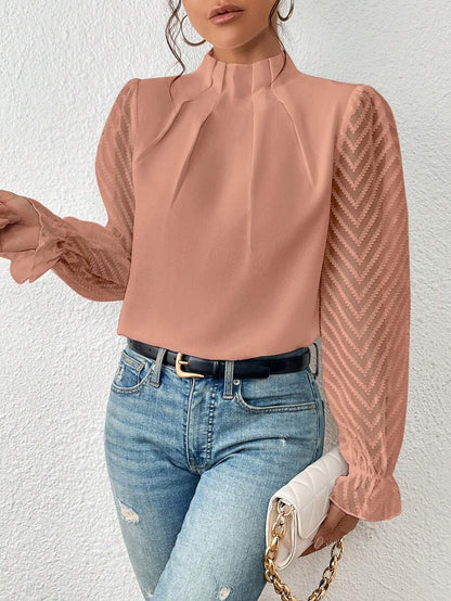 Dames Blouse met Opstaande Hals – Transparante Mouwen & Kantdetail
