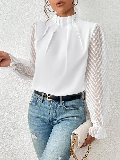 Dames Blouse met Opstaande Hals – Transparante Mouwen & Kantdetail