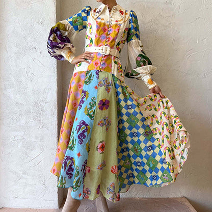 Dames Maxi Jurk met Print in diverse kleuren – Elegante Lange Jurk met Taillekoord en Lange Mouwen