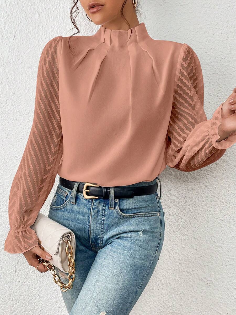 Dames Blouse met Opstaande Hals – Transparante Mouwen & Kantdetail