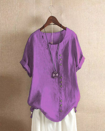 Dames linnen blouse met korte mouwen en sierknopen in diverse kleuren – luchtige zomer top met relaxte pasvorm