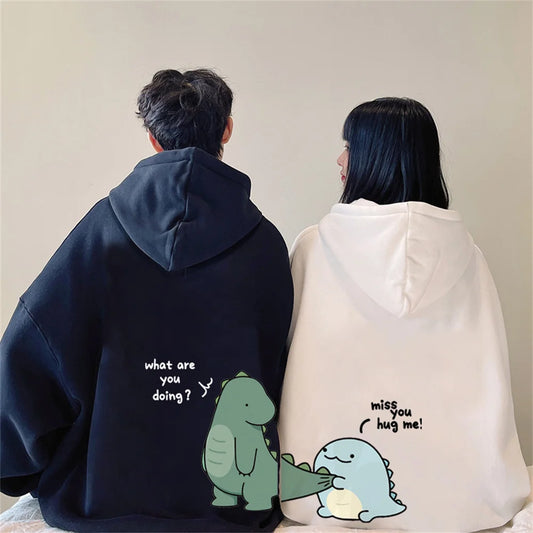 Matching hoodies voor koppels met schattige dino-print – warme unisex truien voor samen knuffelen en casual outfits