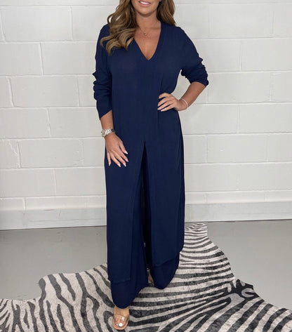 Dames tweedelig pak met elegante lange top en wijde broek in diverse kleuren