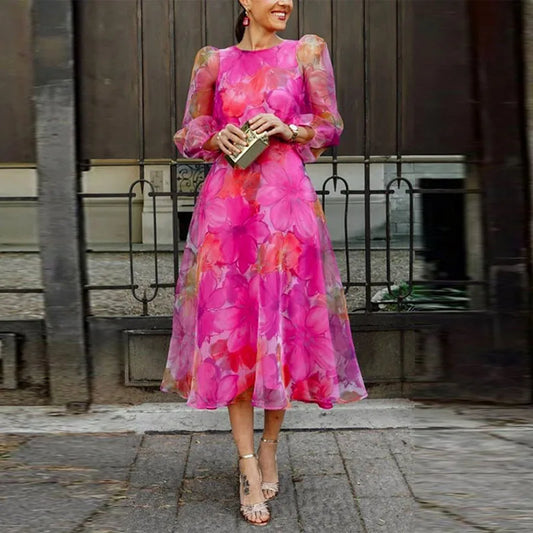 Damesjurk met bloemenprint – elegante maxi jurk met lange mouwen