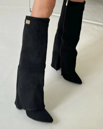 Dames hoge laarzen met elegante blokhak en puntige neus – stijlvolle suède look voor elke gelegenheid
