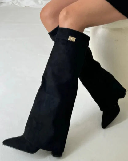 Dames hoge laarzen met elegante blokhak en puntige neus – stijlvolle suède look voor elke gelegenheid
