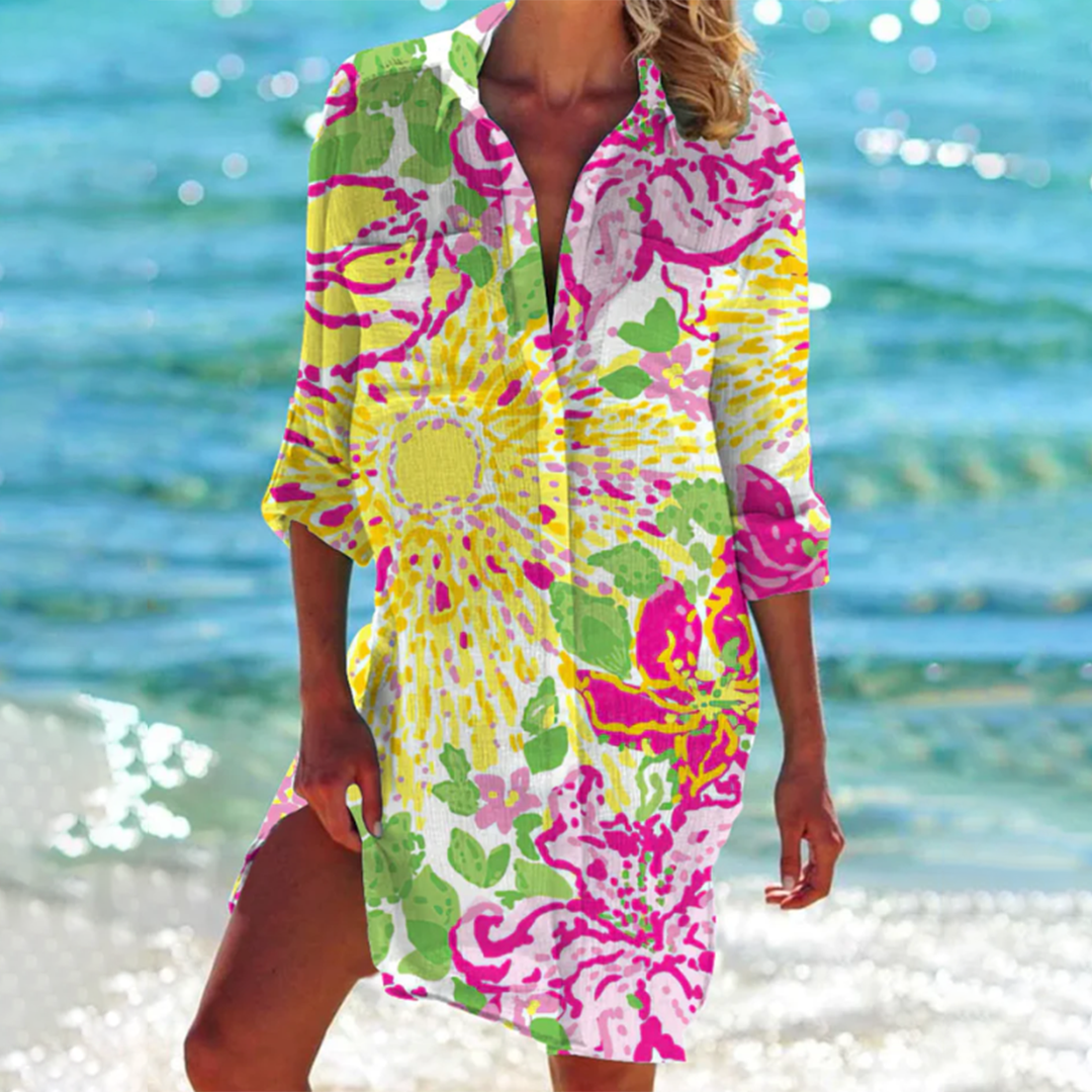 Dames strandjurk met patroon in diverse kleuren – luchtige vakantiejurk voor zomer, strand en resort