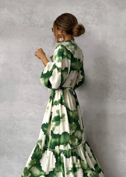 Dames Maxi Jurk met Print in diverse kleuren – Elegante Lange Jurk met Taillekoord en Lange Mouwen