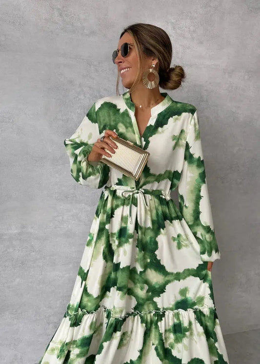 Dames Maxi Jurk met Print in diverse kleuren – Elegante Lange Jurk met Taillekoord en Lange Mouwen