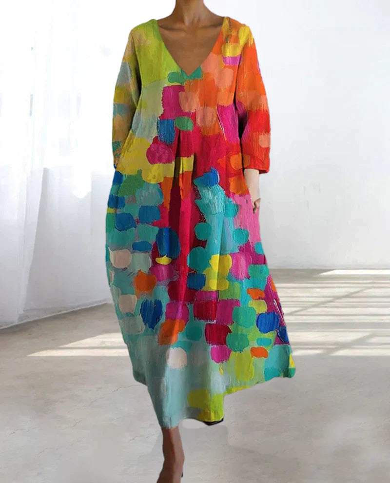 Dames maxi jurk met V-hals en kleurrijke print in diverse kleuren – luchtige zomerjurk met losvallende pasvorm
