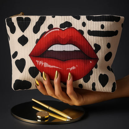 Stijlvolle make-up tas met lippenprint voor dames – ruime toilettas en organizer voor reizen, werk en dagelijks gebruik in diverse kleuren