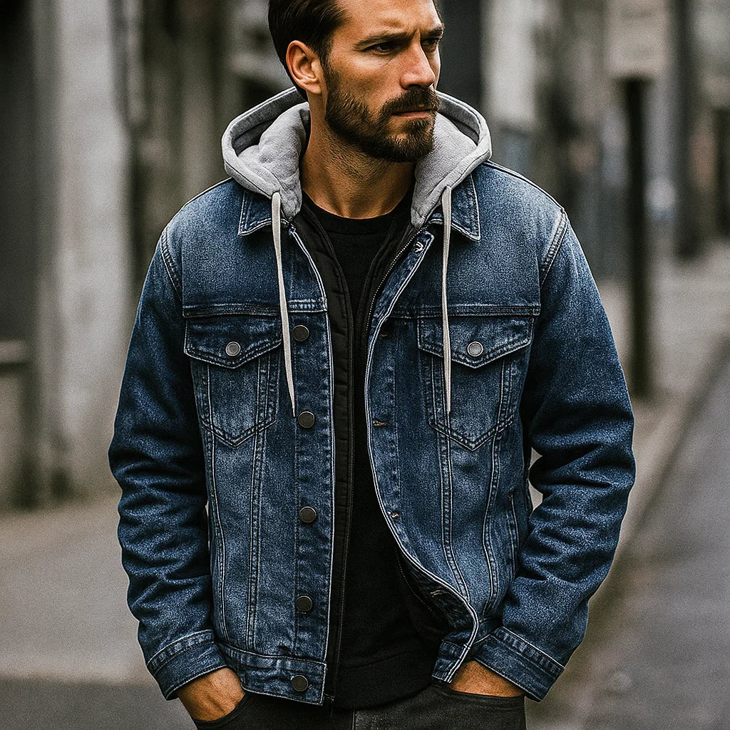Herenjas met denimlook en gewatteerde voering – stoere en warme jas met capuchon voor herfst en winter in diverse kleuren