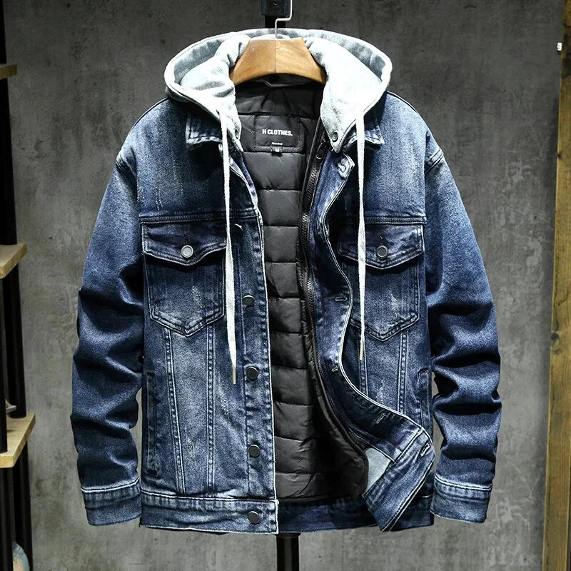 Herenjas met denimlook en gewatteerde voering – stoere en warme jas met capuchon voor herfst en winter in diverse kleuren