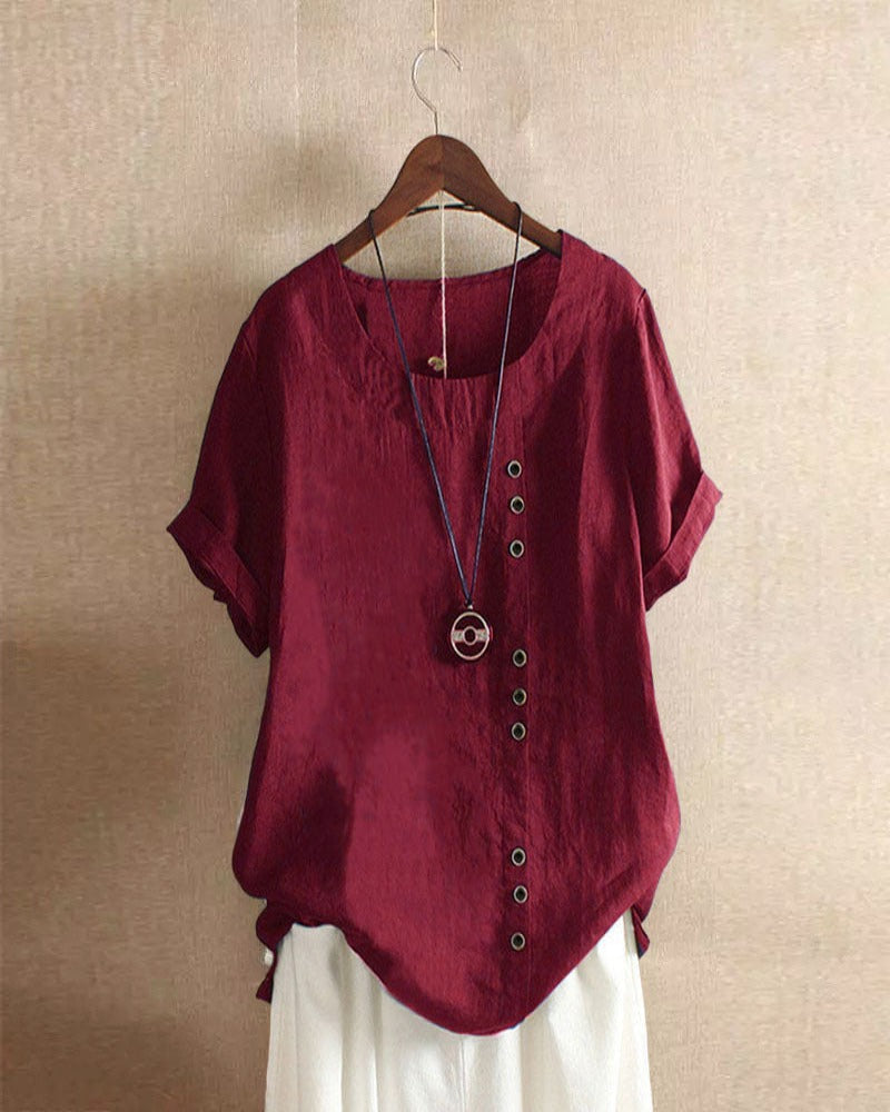 Dames linnen blouse met korte mouwen en sierknopen in diverse kleuren – luchtige zomer top met relaxte pasvorm