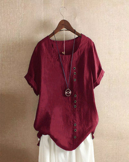 Dames linnen blouse met korte mouwen en sierknopen in diverse kleuren – luchtige zomer top met relaxte pasvorm