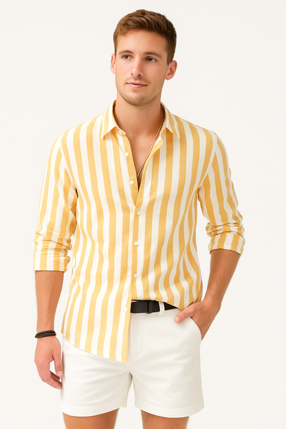 Heren linnen blouse met strepen luchtig zomer overhemd voor bruiloft of vakantie