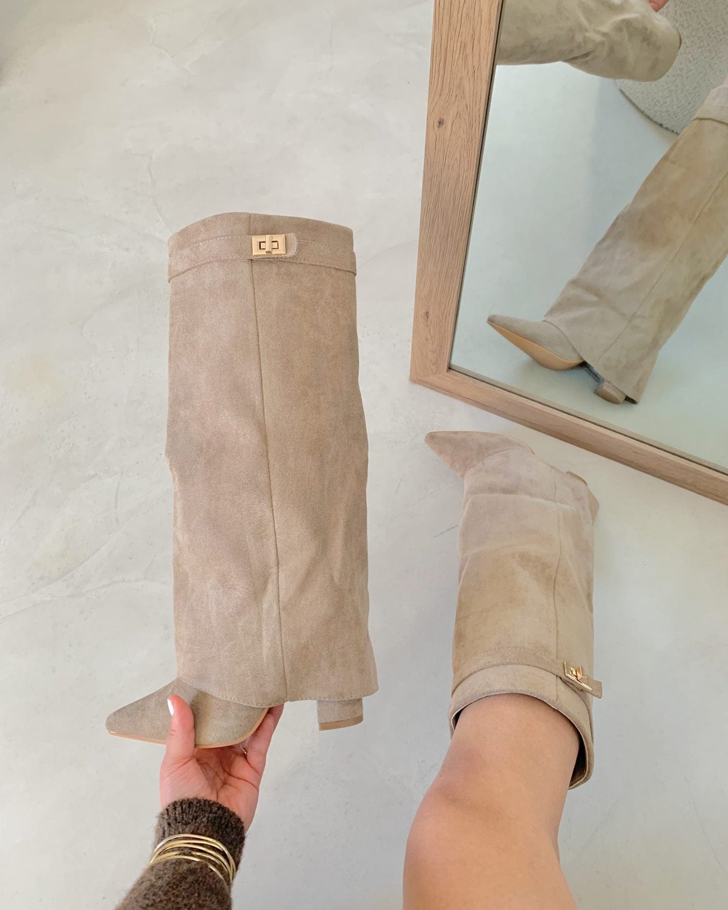 Dames hoge laarzen met elegante blokhak en puntige neus – stijlvolle suède look voor elke gelegenheid