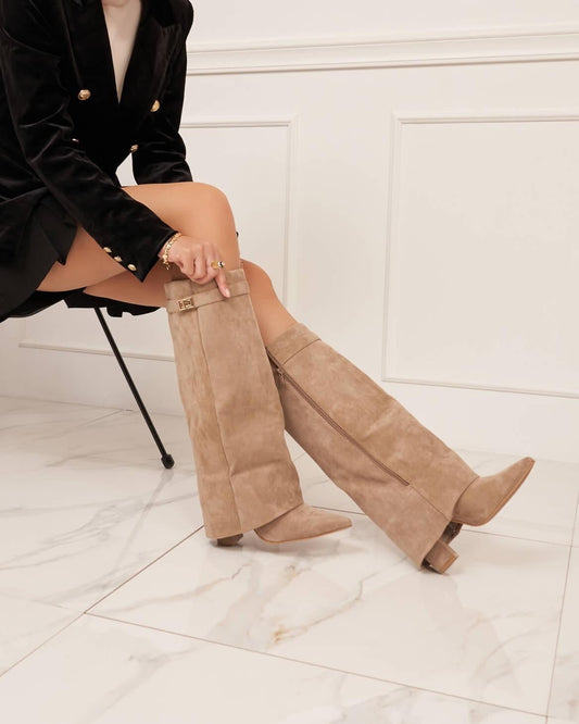 Dames hoge laarzen met elegante blokhak en puntige neus – stijlvolle suède look voor elke gelegenheid