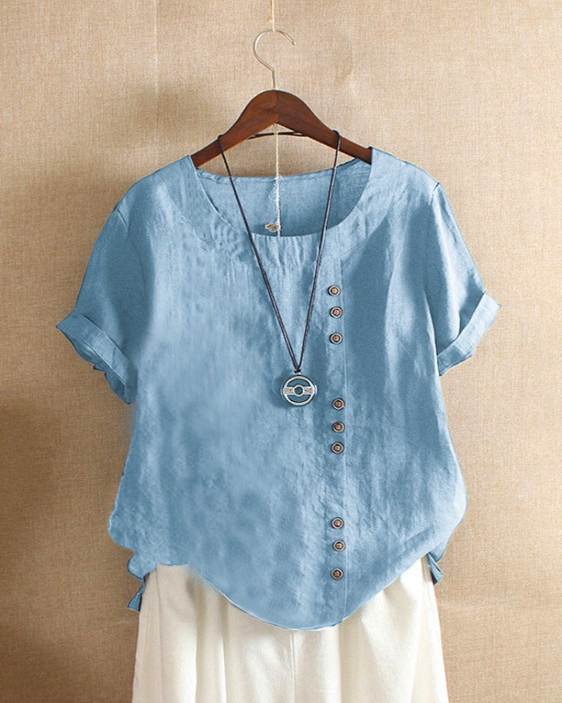 Dames linnen blouse met korte mouwen en sierknopen in diverse kleuren – luchtige zomer top met relaxte pasvorm