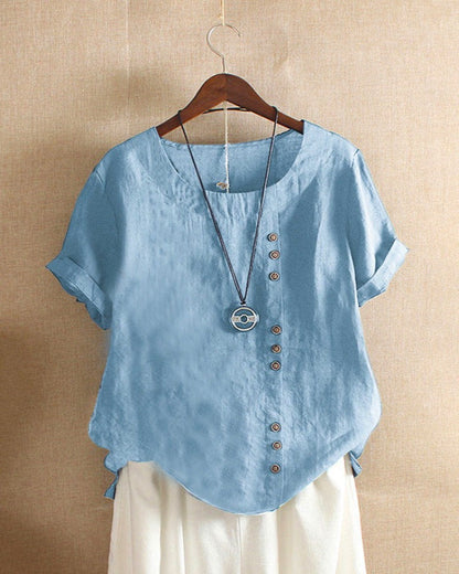 Dames linnen blouse met korte mouwen en sierknopen in diverse kleuren – luchtige zomer top met relaxte pasvorm