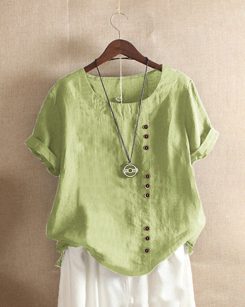 Dames linnen blouse met korte mouwen en sierknopen in diverse kleuren – luchtige zomer top met relaxte pasvorm