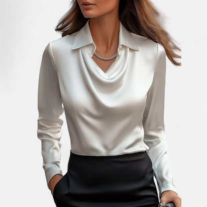 Dames blouse in diverse kleuren – satijnen blouse met watervalhals en lange mouwen