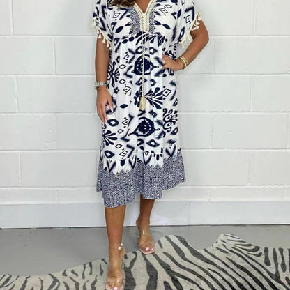 Dames Midi Jurk met Print in diverse kleuren – Losvallende Zomerjurk met V-hals en Taillekoord