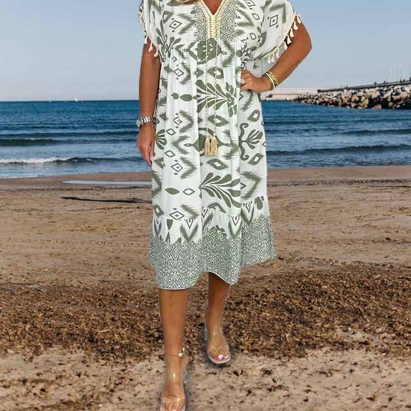 Dames Midi Jurk met Print in diverse kleuren – Losvallende Zomerjurk met V-hals en Taillekoord